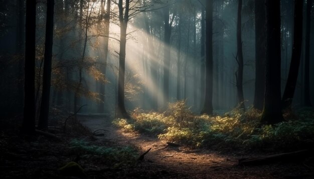 Gruseliges Waldgeheimnis mit Herbstblättern und Nebel, erzeugt durch KI