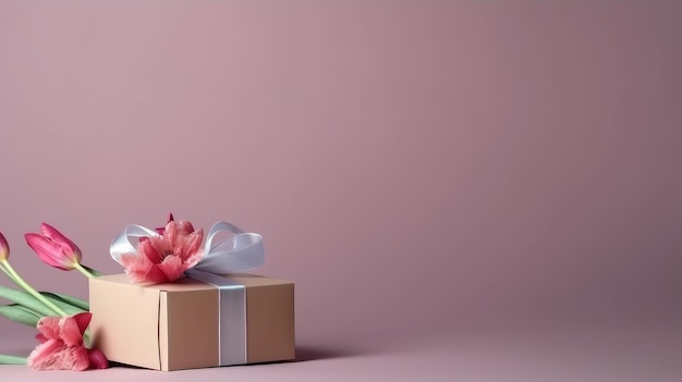 Grußkarte mit Blumen und Geschenkbox Illustration AI GenerativexD