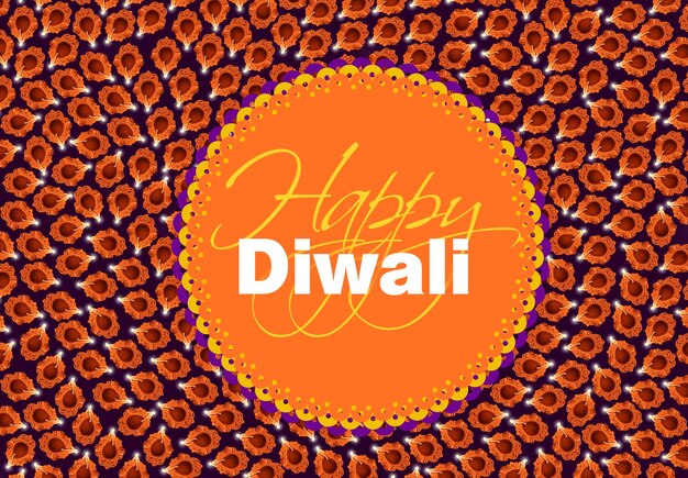 Grußkarte mit Draufsicht auf viele beleuchtete Tonöllampen oder panti Form von Diya mit Happy Diwali Textwal