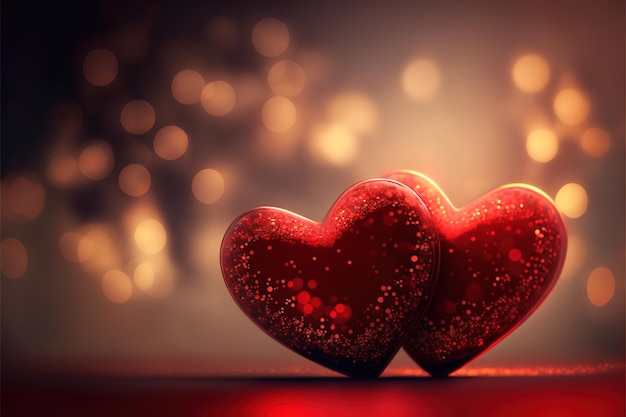 Grußkarte zum Valentinstag mit zwei roten Herzen auf Bokeh-Hintergrund.