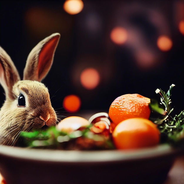 Grußkartenhintergrund der frohen Weihnachten mit Kaninchen und Mandarinen 3D-Darstellung