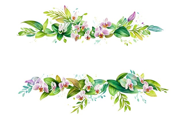 Foto grußkartenrahmen mit aquarellblumen, orchideen und blättern im tropischen design