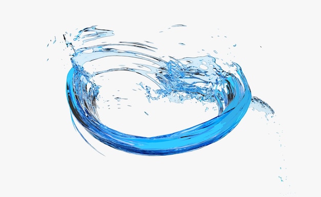 Água azul clara 3D espalhada em torno de salpicos de água transparente isolado em fundo branco Ilustração de renderização 3D