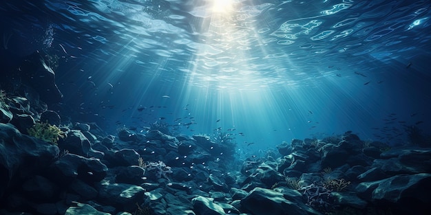Água azul escuro de um oceano profundo com raios de sol alcançando o fundo rochoso do mar Bela paisagem subaquática