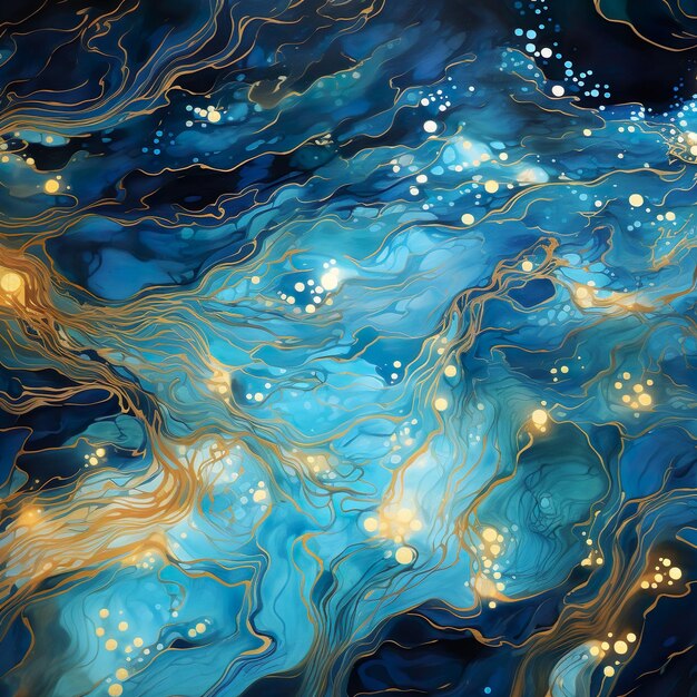 Água azul fluindo na água com luzes