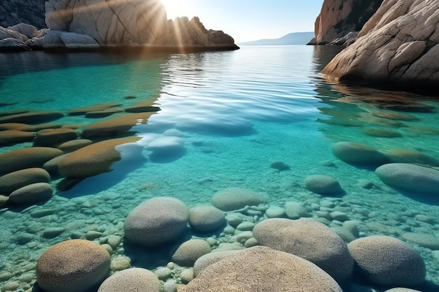 Água azul transparente da foto no mar com pedra e formação rochosa gerada