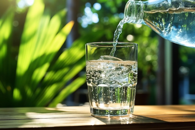 Água da garrafa derramando em vidro na mesa de madeira ao ar livre ilustração de fundo tropical de bebida saudável