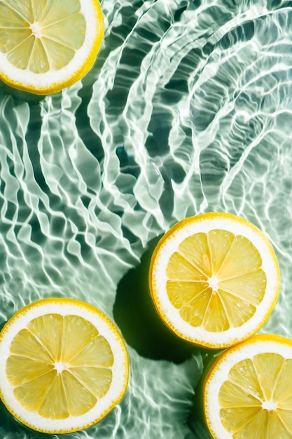 Água de ondas frescas transparentes com fundo de manchas fatias cítricas de limão Vertical Alimentação saudável Postura plana