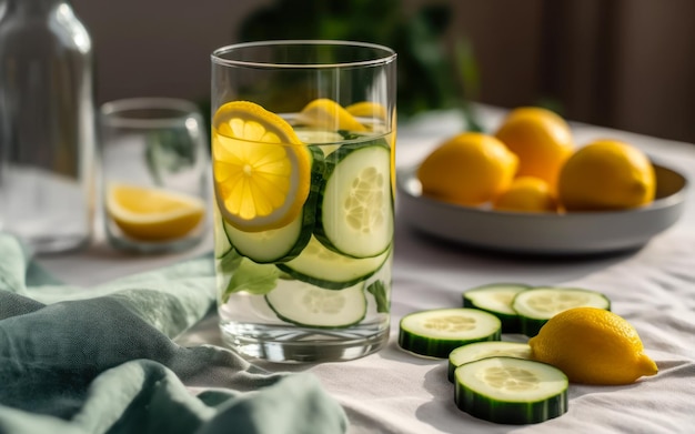 Água de vidro com fatias de limão e pepino na mesa generativa ai