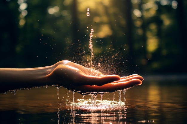 Água derramando na mão com a natureza borrada