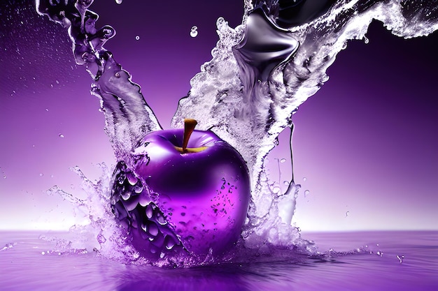 Água espirrando no fundo fresco da maçã roxa