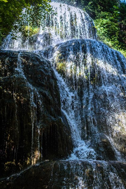 Água fluindo através de rochas na floresta