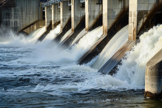 Água fluindo através de uma barragem hidrelétrica