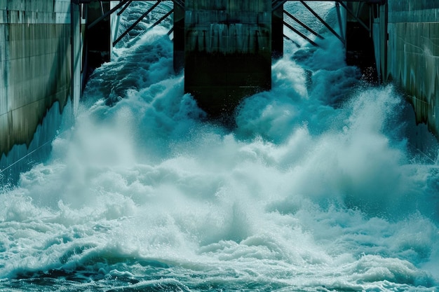 Água fluindo através de uma barragem hidrelétrica
