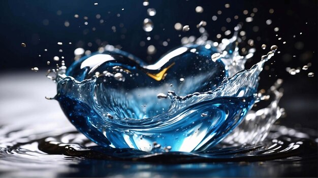 Água fluindo líquido azul salpico formas de coração fundo elemento coração de água