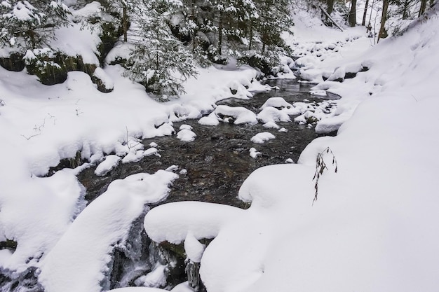 Água fresca de um riacho e muita neve branca durante a caminhada