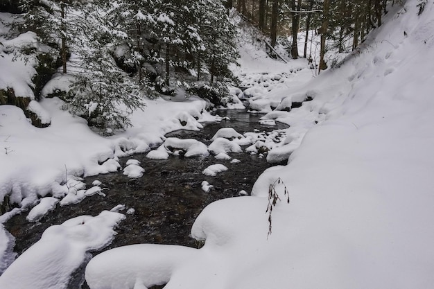 Água fresca fria entre neve fresca branca nas montanhas