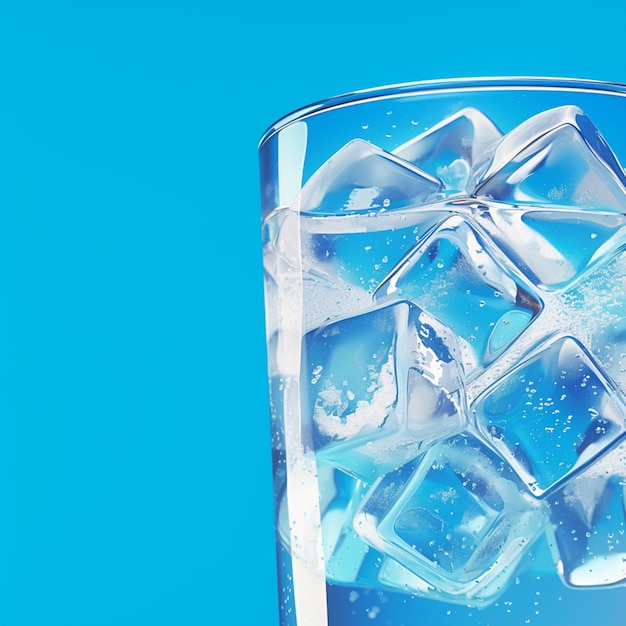 Água gelada refrescante Vidro com cubos de gelo em fundo azul Para Social Media Post Size