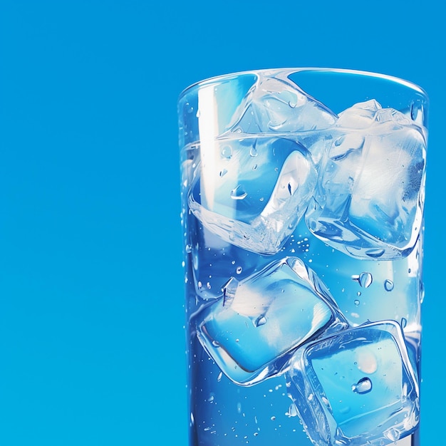 Água gelada refrescante Vidro com cubos de gelo em fundo azul Para Social Media Post Size