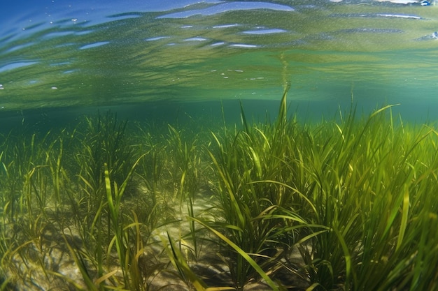 Água limpa com close-up de plantas aquáticas e ervas marinhas criadas com generative ai