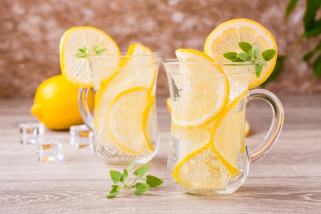 Água mineral refrescante com limão e menta