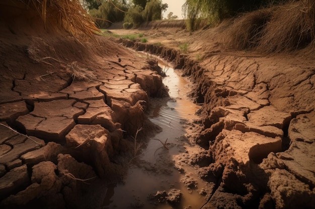 Água poluída correndo sobre terra rachada e seca criada com ai generativo