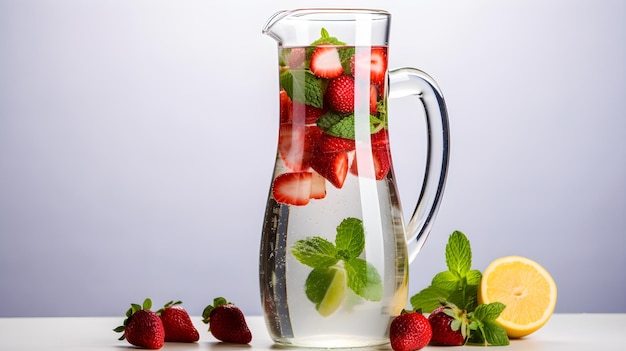Água refrescante com infusão de frutas em uma jarra de vidro em um pano de fundo limpo