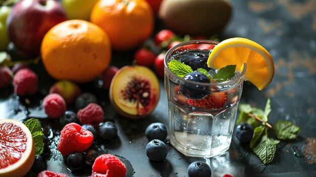 Água refrescante com infusão de frutas entre frutas frescas