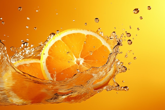 Água salpicando laranja em fatias em um fundo laranja
