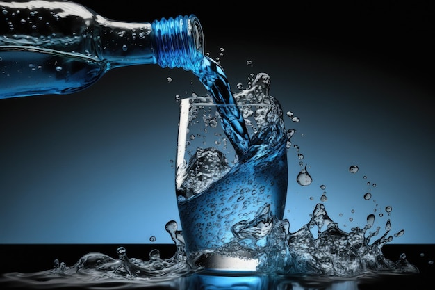 Água sendo derramada em um copo de uma garrafa em um fundo azul