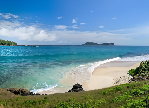 Água turquesa ondas brancas céu azul Grama verde Areia branca Praia linda