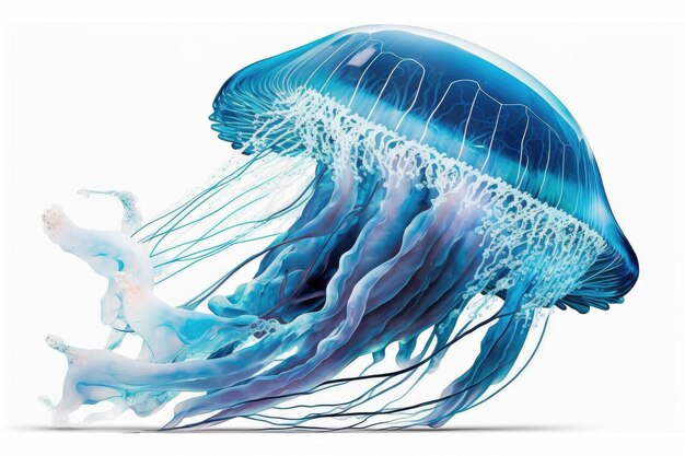 Água-viva azul fantástica no espaço com tentáculos brancos isolados em fundo branco criado com gen