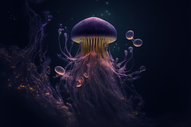 Água-viva brilhante nada no fundo do mar azul Medusa neon fantasia de água-viva no espaço cosmos água ilustração 3d