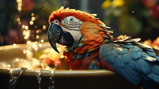 guacamaya posada tomando un baño en agua en un tazón grande