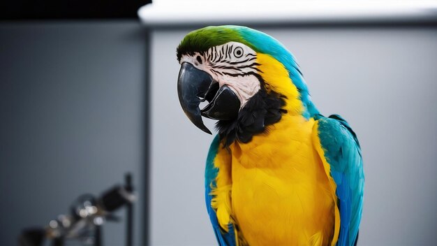 El guacamayo azul y amarillo en el estudio