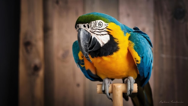 El guacamayo azul y amarillo en el estudio