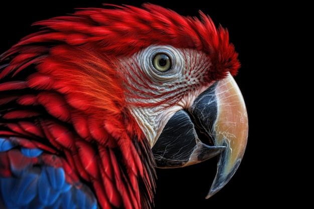 Un guacamayo escarlata de perfil mostrando su plumaje vibrante creado con AI generativa