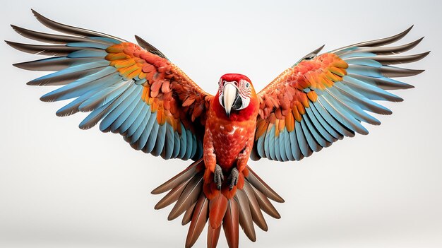 El guacamayo escarlata vuela aislado sobre un fondo blanco