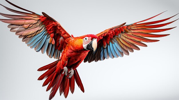 El guacamayo escarlata vuela aislado sobre un fondo blanco