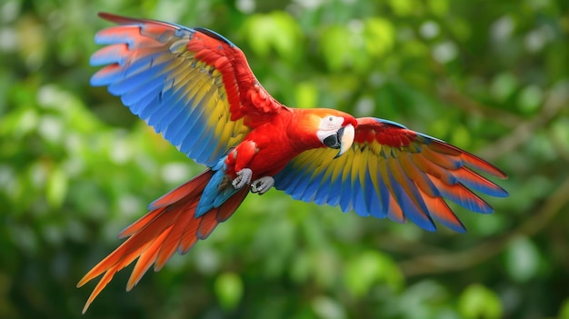 Foto el guacamayo escarlata en vuelo contra la exuberante vegetación