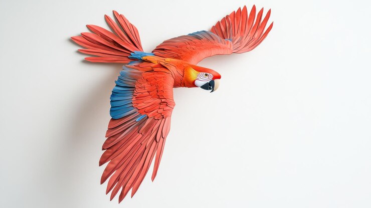 Foto el guacamayo escarlata en vuelo un espectáculo impresionante contra un fondo blanco