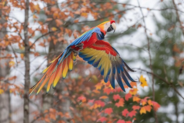 Un guacamayo escarlata en vuelo mostrando sus vibrantes colores