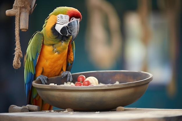 El guacamayo Hahns hablando en una percha con un cuenco de comida