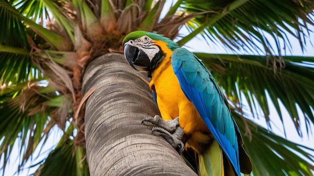 El guacamayo jacinto de cerca en una palmera en el hábitat natural