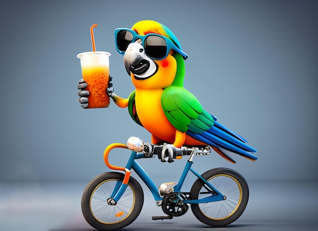 Un guacamayo montando en bicicleta con gafas de sol mientras bebe horchata