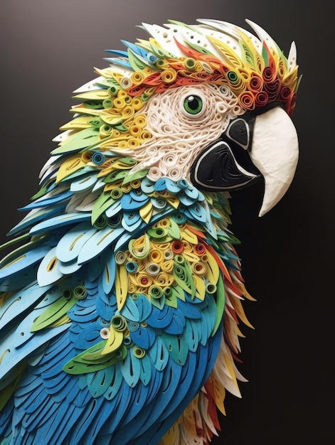 Guacamayo de papel Quilling de diseño intrincado sobre un fondo blanco brillante