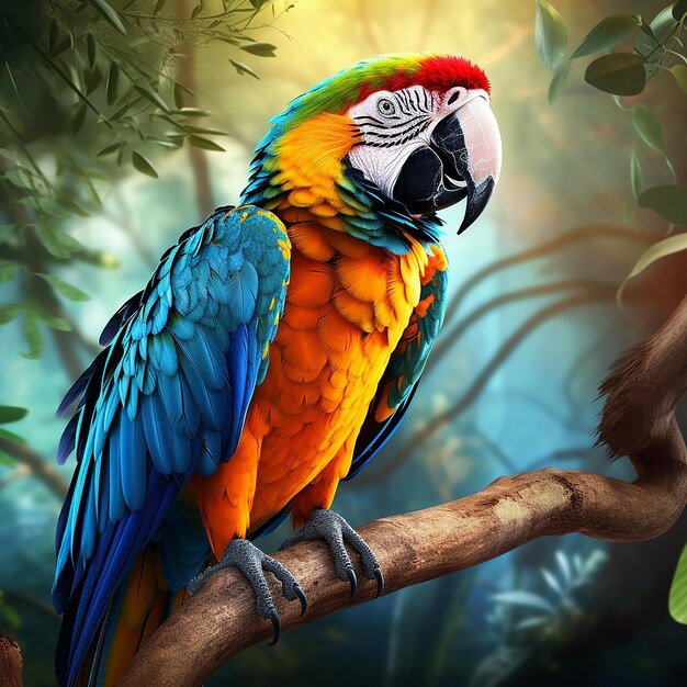 Foto un guacamayo renderizado en 3d sentado en una rama con vibrantes y hermosas plumas.