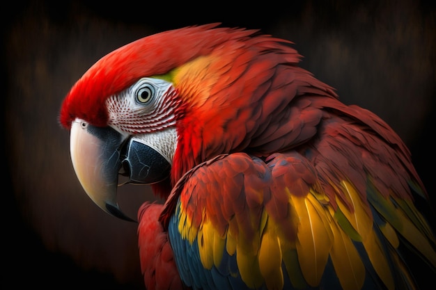 Un guacamayo rojo y amarillo con un fondo negro.