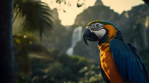 Un guacamayo se sienta frente a una cascada.