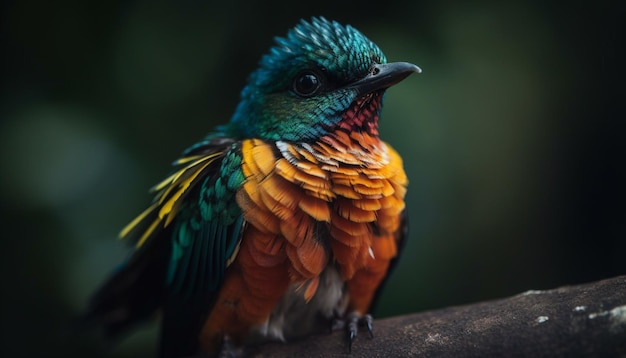 El guacamayo vibrante se alza en las plumas de las ramas iridescentes en la luz solar generada por la IA